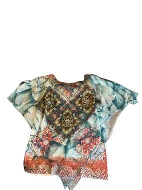 dressbarn Teal and Coral Boho Flutter Sleeve Tunic